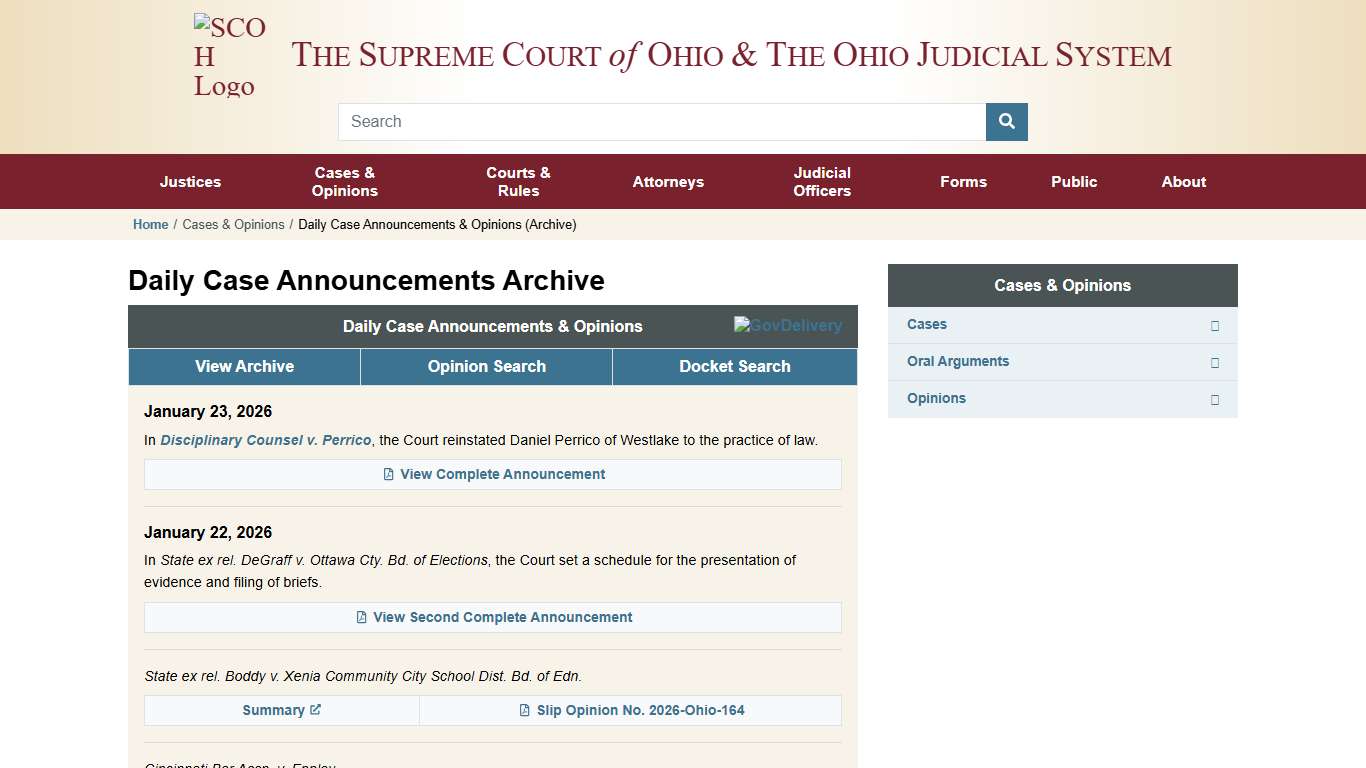 Daily Case Announcements & Opinions (Archive) » Supreme Court of Ohio